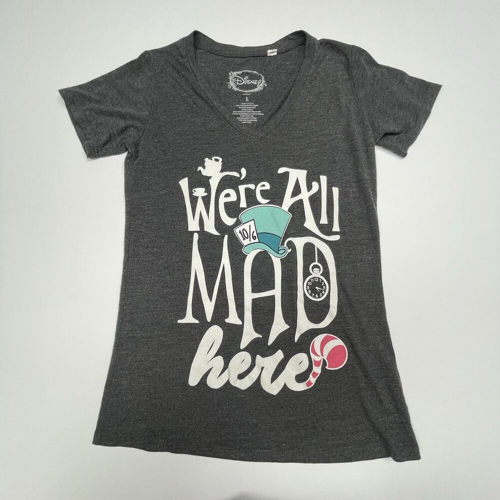 Disney Alice in Wonderland t-Shirt Gray We're All MAD Here Junior Girl's Size L